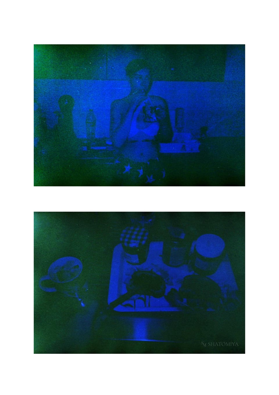 Collage of two deep‑blue‑toned photos: the first shows a girl wearing a bikini top and boxer‑style swimsuit bottoms, sipping a drink through a straw; the second shows a plate with bread spread with marmalade and a knife resting beside it.