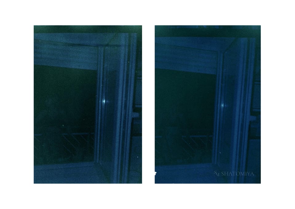 Collage of two heavily burnt‑film photos taken through a window at night, showing a balcony outside; in both images, a very unclear human figure is faintly visible leaning on the balcony railing.